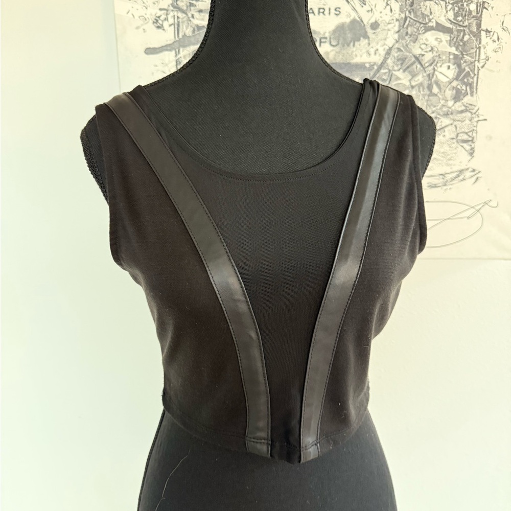 Body Central Black Sleeveless Crop Tank with Faux Leather Trim